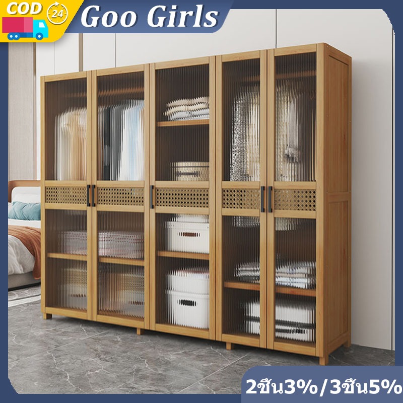 googirl ตู้เสื้อผ้าประตูไม้โปร่งใส 70/85/100 ซม สามขนาดตัวเลือกติดตั้งง่ายเรียบง่ายและใจกว้างเก็บเสื้อผ้าความจุขนาดใหญ