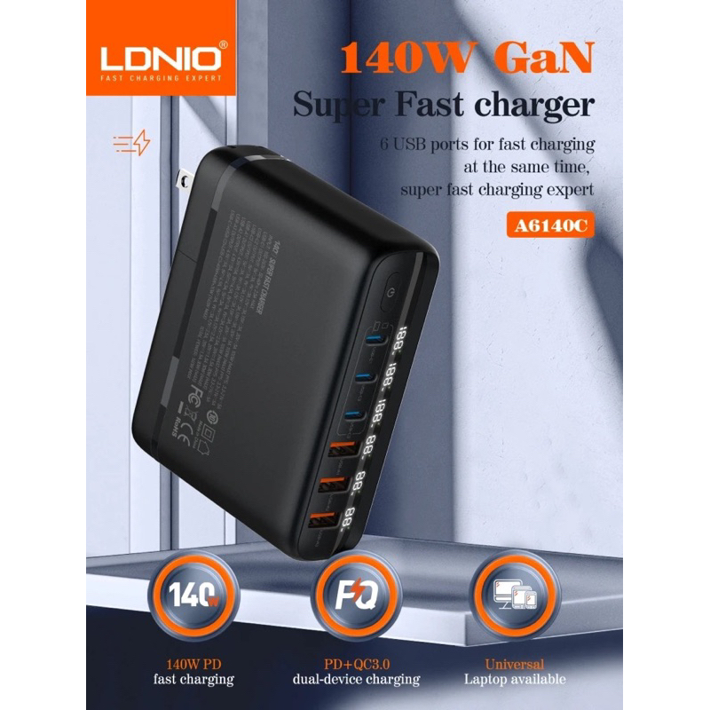 Ldnio A6140C 140W ชาร์จเร็ว6พอร์ต USB จอแสดงผล LED อะแดปเตอร์ชาร์จสำหรับ iPhone 14 15 Samsung MacBoo