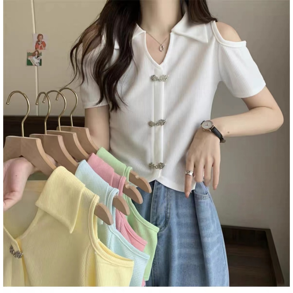 bonnie(พร้อมส่ง/ใหม่)#19032เสื้อยืดคอปกปิดไหล่ฤดูร้อนผู้หญิงแขนสั้น 2023 ใหม่ทรงสลิมสั้นสไตล์ฮ่องกง