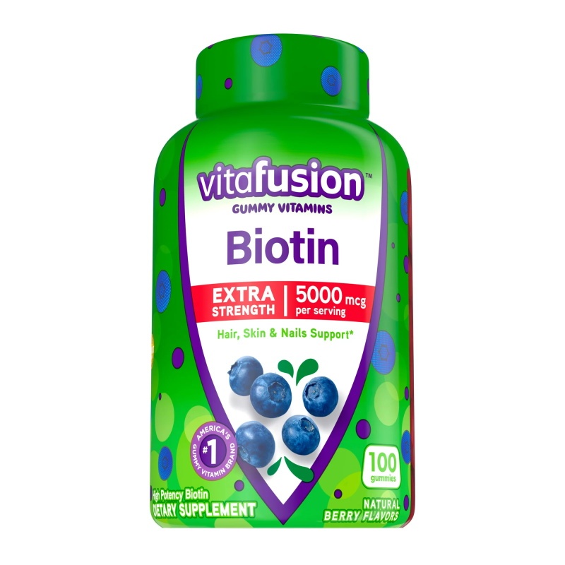Vitafusion Extra Strength Gummy Biotin Vitamins Blueberry Flavored 100 Count ไบโอตินวิตามินบลูเบอร์รี่รส 100 หมากฝรั่ง