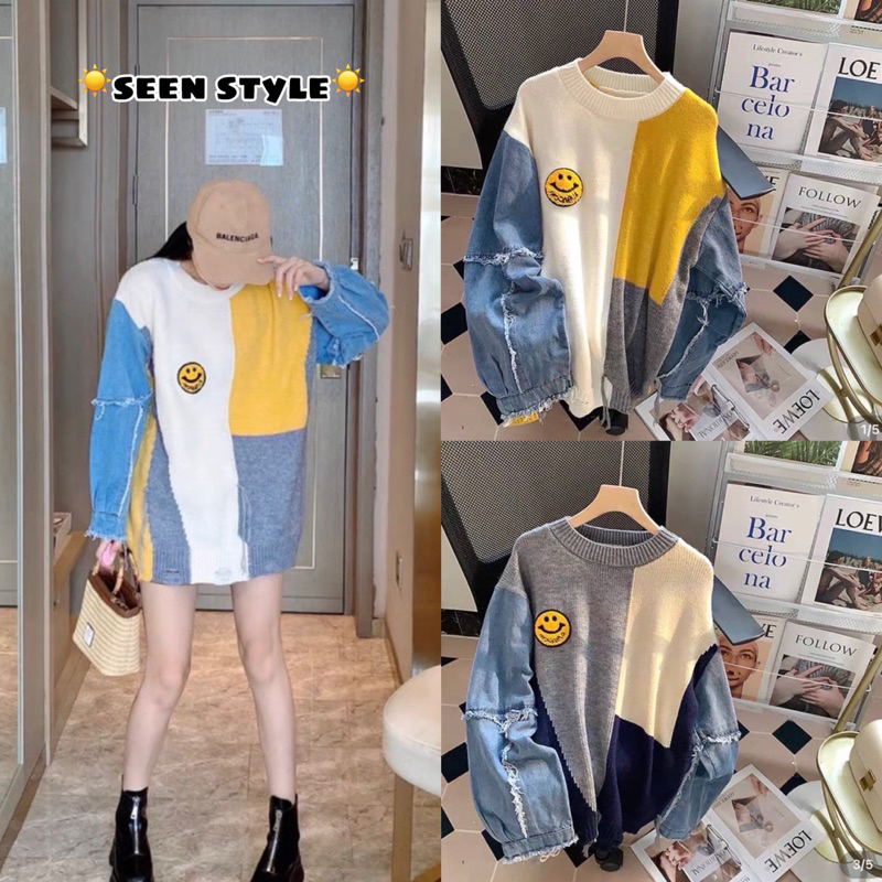 [ เก็บโค้ดลด 50% ใน Live 2 ทุ่ม ] 𝒔𝒆𝒆𝒏 𝒔𝒕𝒚𝒍𝒆 - พร้อมส่ง Smiley เสื้อไหมพรมแขนยีนส์