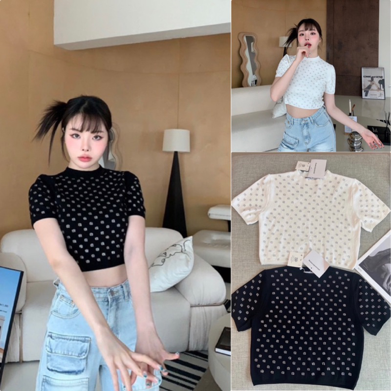 New !! AxW crystal crop top เสื้อครอปแขนสั้น ผ้านิตไหมพรม  Valen basic store