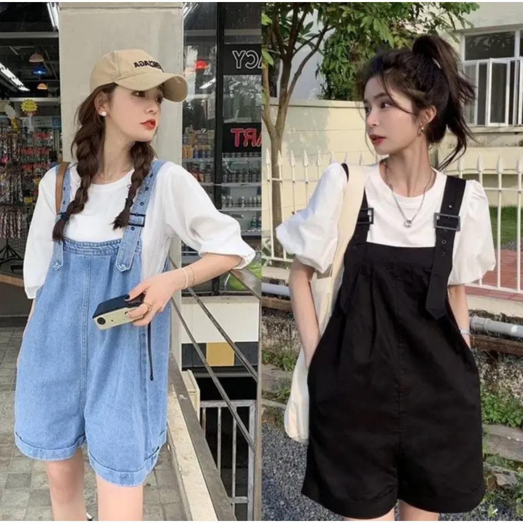 ชุดเอี๊ยมกางเกงยีนส์สั้น ขากว้างทรงหลวม สีฟ้า สีดำ SIZE XS-8XL ส่วมใส่สบาย
