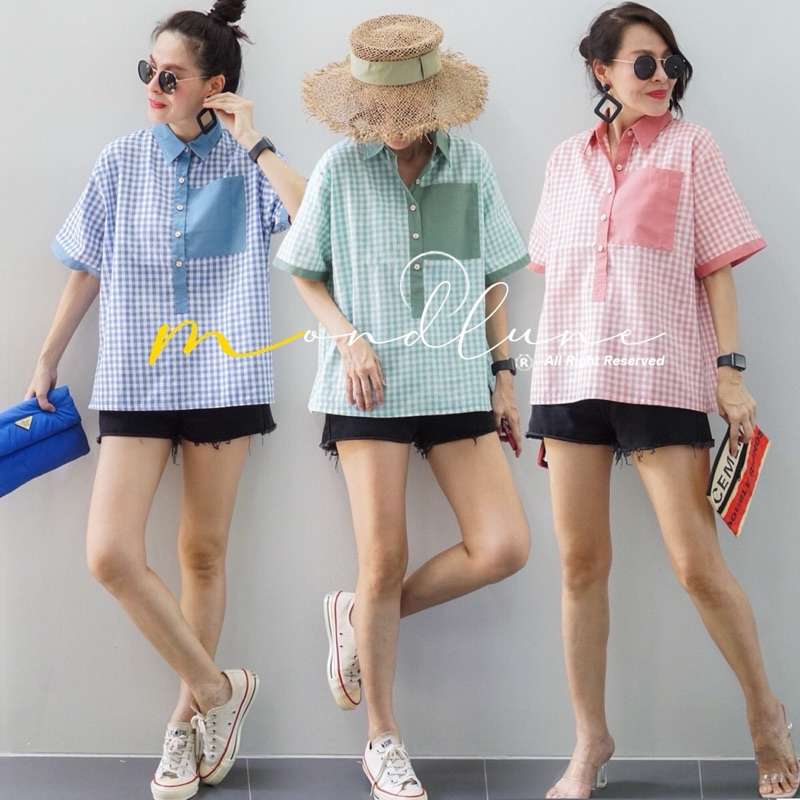 🍒✨NADA71MondLuneCloth  New arrivals Korea style  เสื้อเบลาส์ คอปกเฃิ้ต เเขนสั้น งานตัดเเต่งสี ด้วยลายผ้า