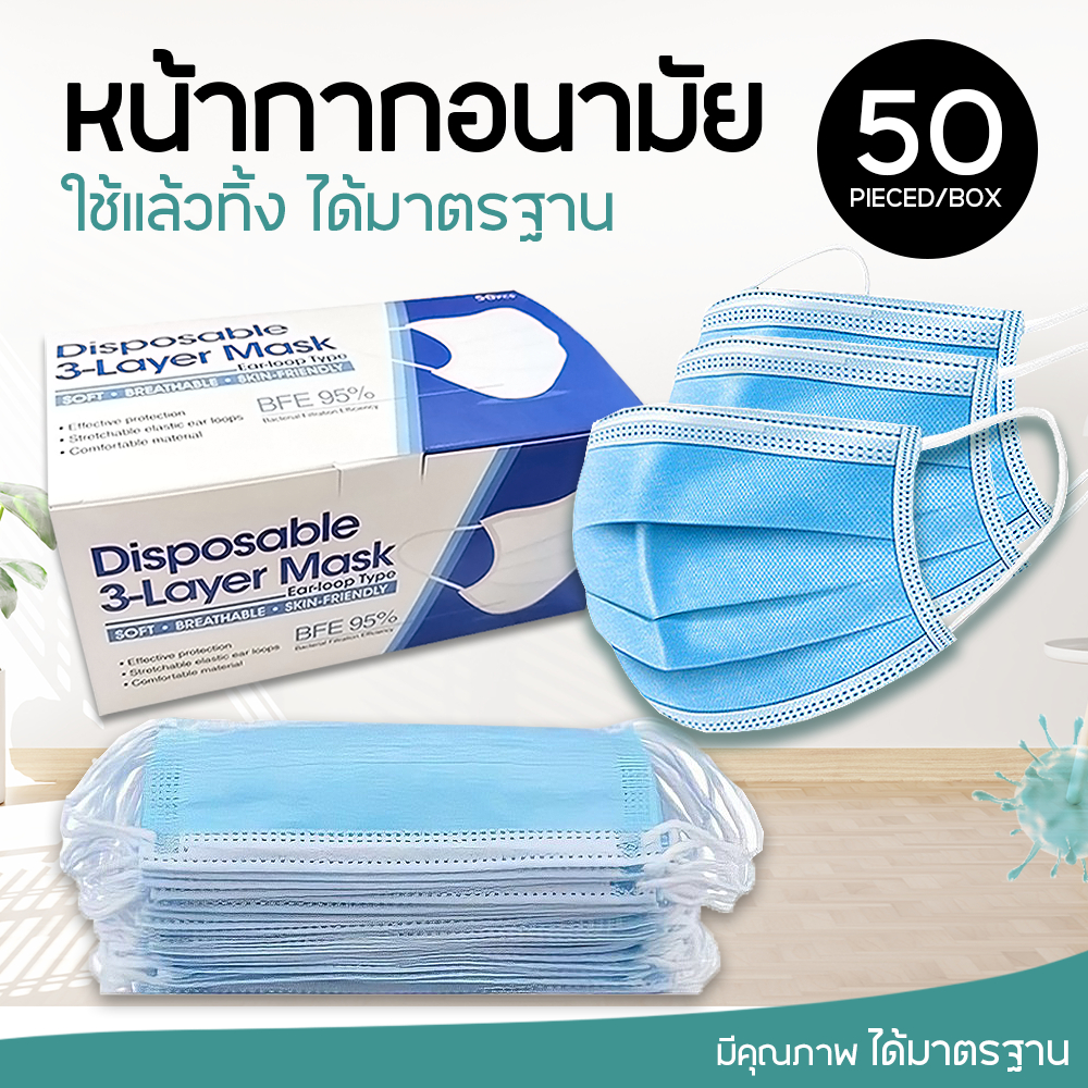 พร้อมส่งที่ไทย!!!หน้ากากอนามัยผู้ใหญ่ สั่ง 1กล่อง / 50 ชิ้น ป้องกันเชื้อโรค import surgical face mask ฟ้าจีน 50 ชิ้น