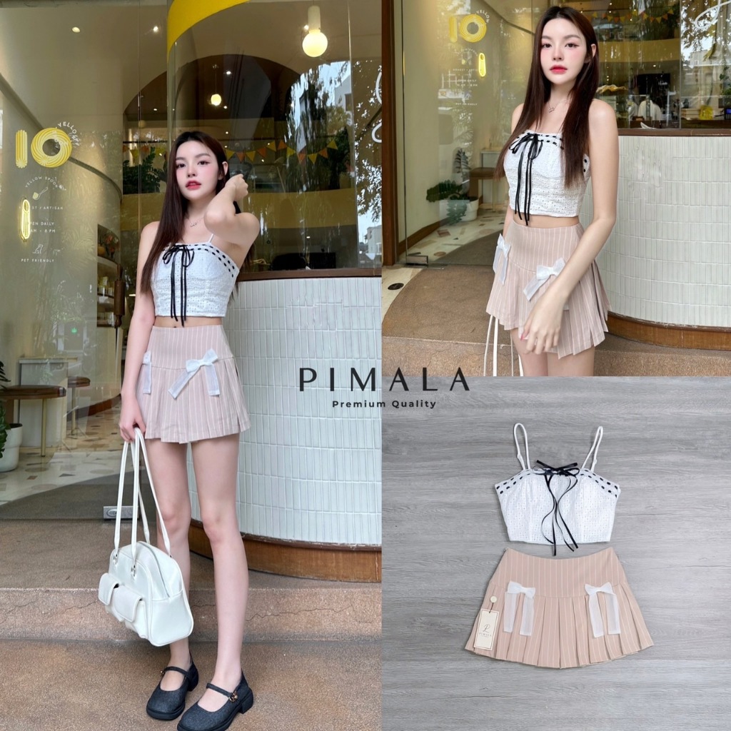 Pimala เซ็ทครอปสายเดี่ยวสีขาวปักขอบน่ารักมากสอดสายโบว์ริบบิ้นสีดำโซคิ้วท์มากๆ