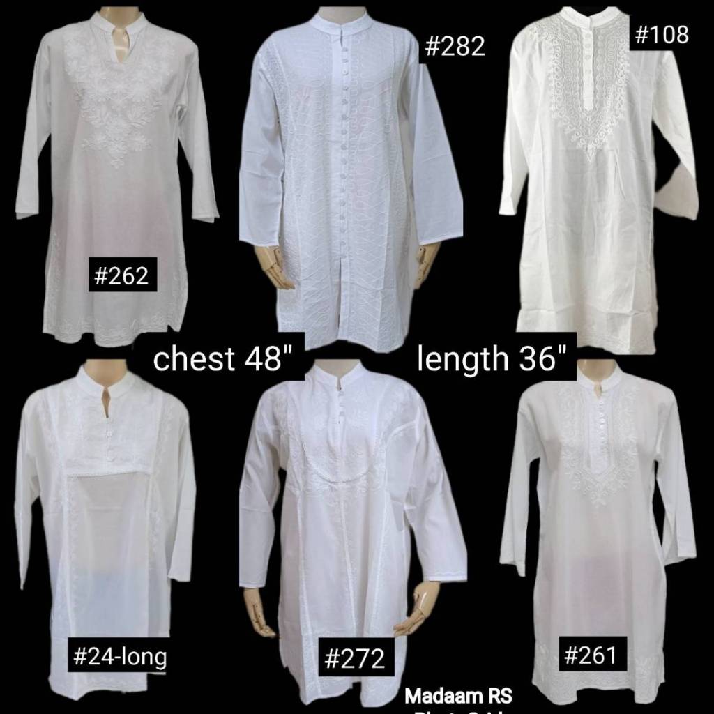 เสื้อคอตตอนขาว คอจีนเปิดแขนยาว ตัวยาว ปักมือ อก48” ยาว 36” อินเดีย ทรงใหญ่