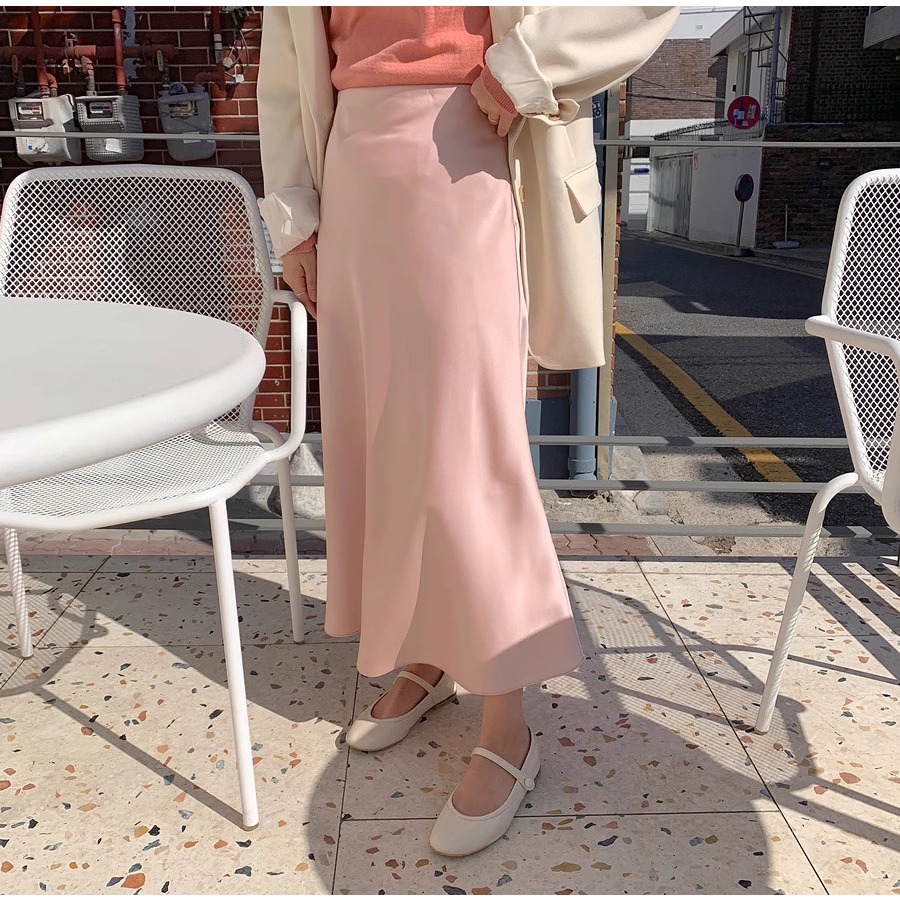 CHAWY Satin skirt 👨🏼‍🌾🥫 C4247 กระโปรงทำงาน กระโปรงยาวซาติน มี 3 สี ดำ เบจ ชมพู