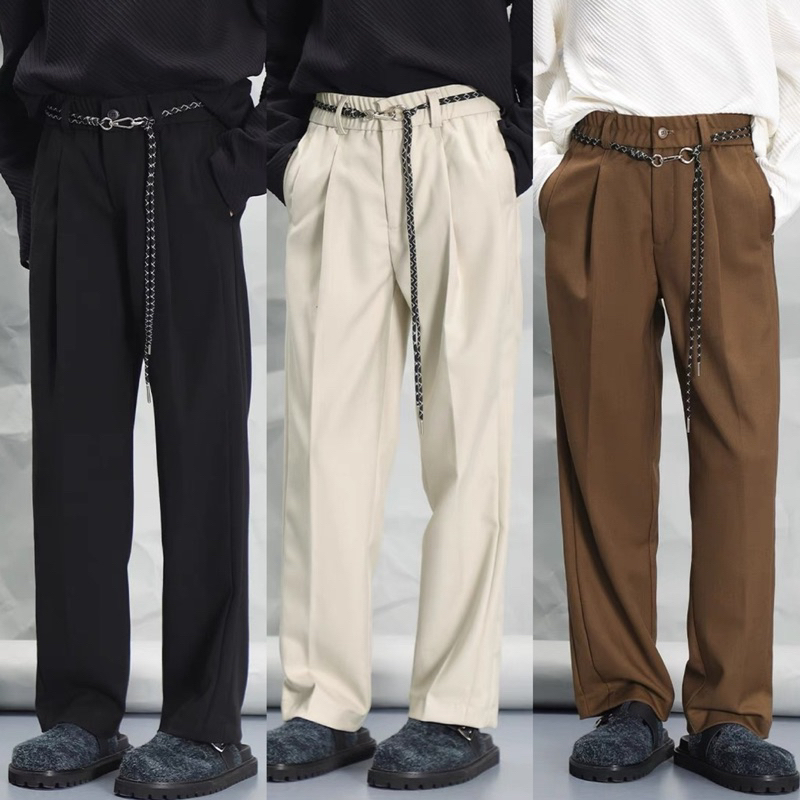 SIMPLE PANTS กางเกงสแลคเอวสูงทรงกระบอกกลางแถมเชือก