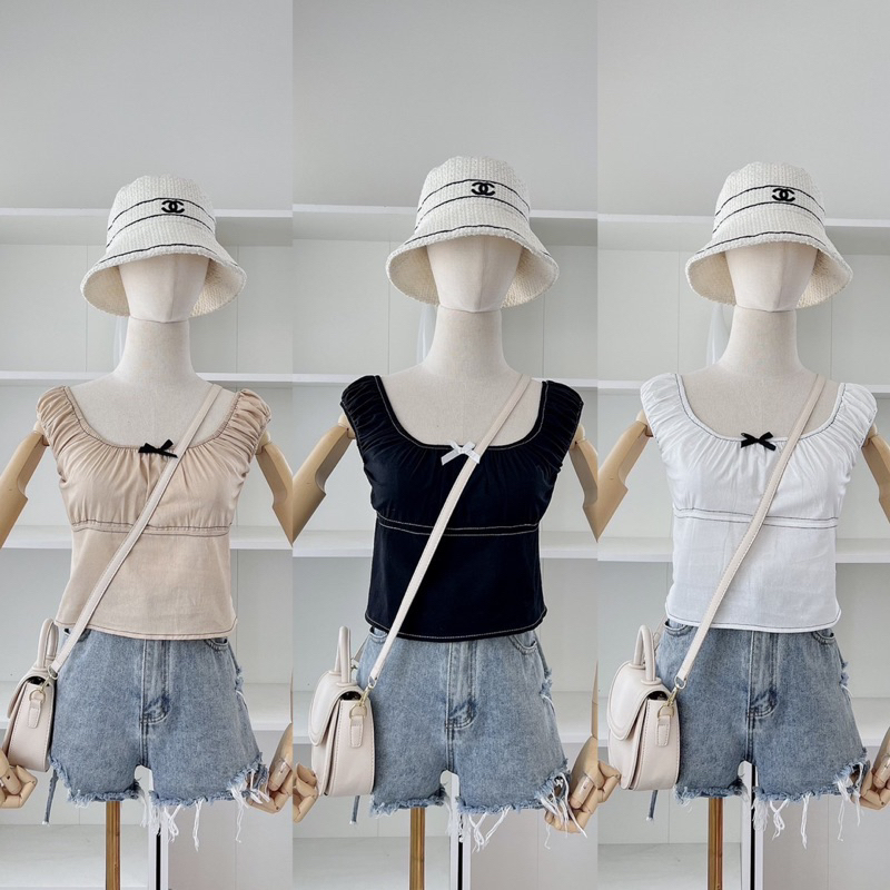 sale PROD STUDIO เสื้อกล้ามกิมมิกแขนยุ่น ผ้าลินิน แต่งโบจิ๋ว
