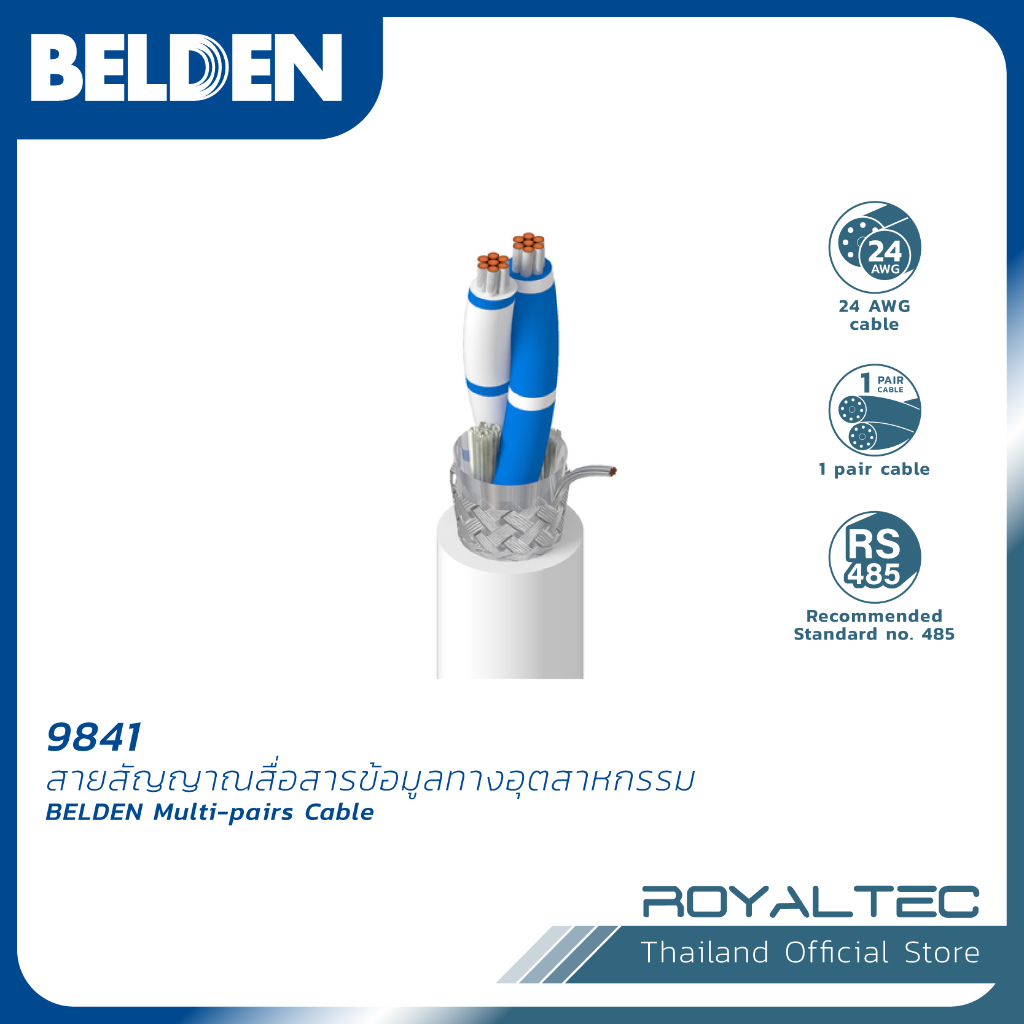 BELDEN 9841 สายสัญญาณสื่อสารข้อมูลทางอุตสาหกรรม RS485 , 24 AWG 1 Pair สี Jacket เทาเข้ม