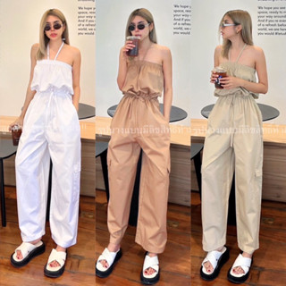 Yunaka ชุดจั้ม จั้มสูทขายาวทรงกระบอกใหญ่ เกาะอกแต่งเชือกคล้อ…