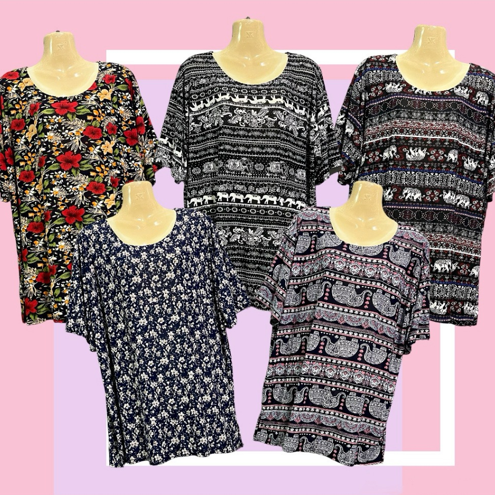 เสื้อยืดคอกลมผู้หญิง ผู้ใหญ่ เสื้อยืดใส่สบาย แขนสั้นลายจุด ลายดอก ผ้านิ่ม