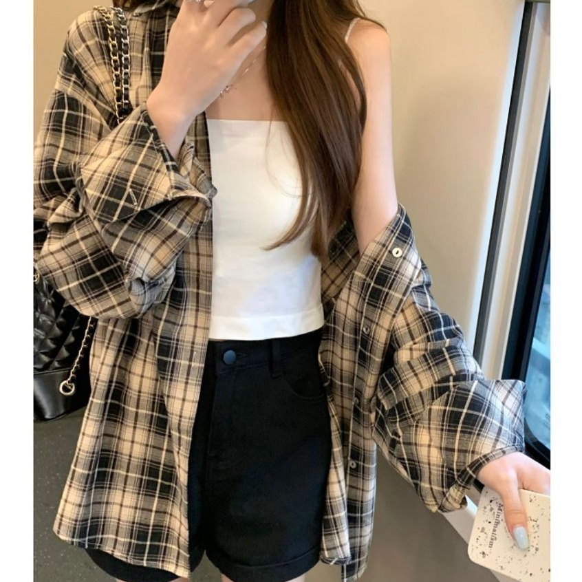 ล้างสต็อก⚡️ CTB2032 เสื้อเชิ้ตแขนยาวลายสก๊อต ทรงเบสิคใส่คลุมแมตช์ง่าย หรือ ใส่เดี่ยวๆก็ชิคคเท่ แฟชั่นผู้หญิง