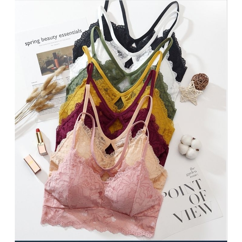 🦚Bra kaimook shop🦚Lace Bra # D 542 # ครอปบราตัวสั้น เเนวเซ็กซี่ฟองน้ำถอดได้ ใส่สบายฟรีไซส์ อก32"-38"