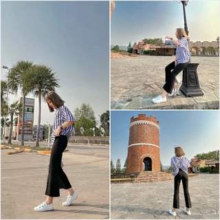 [S-3XL](80) ARTHITTAYA.BRAND กางเกงผ้าซาร่า 8 ส่วน ขาบาน เอวสูง-สีดำ