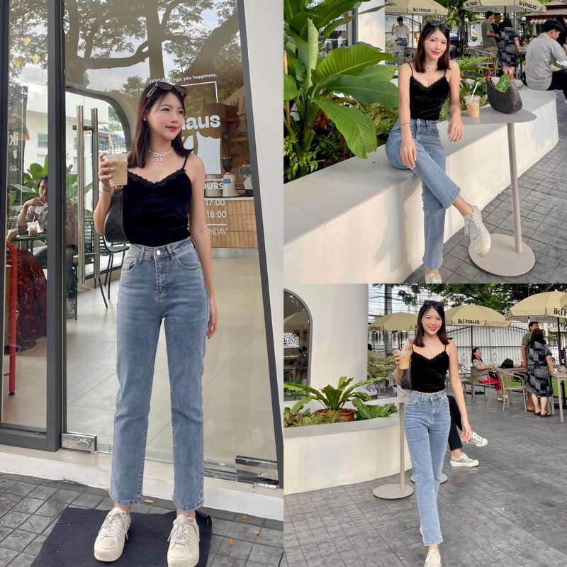 M65- กางเกงยีนส์ทรงบอยสลิม เอวสูงสีอ่อนผ้ายืด