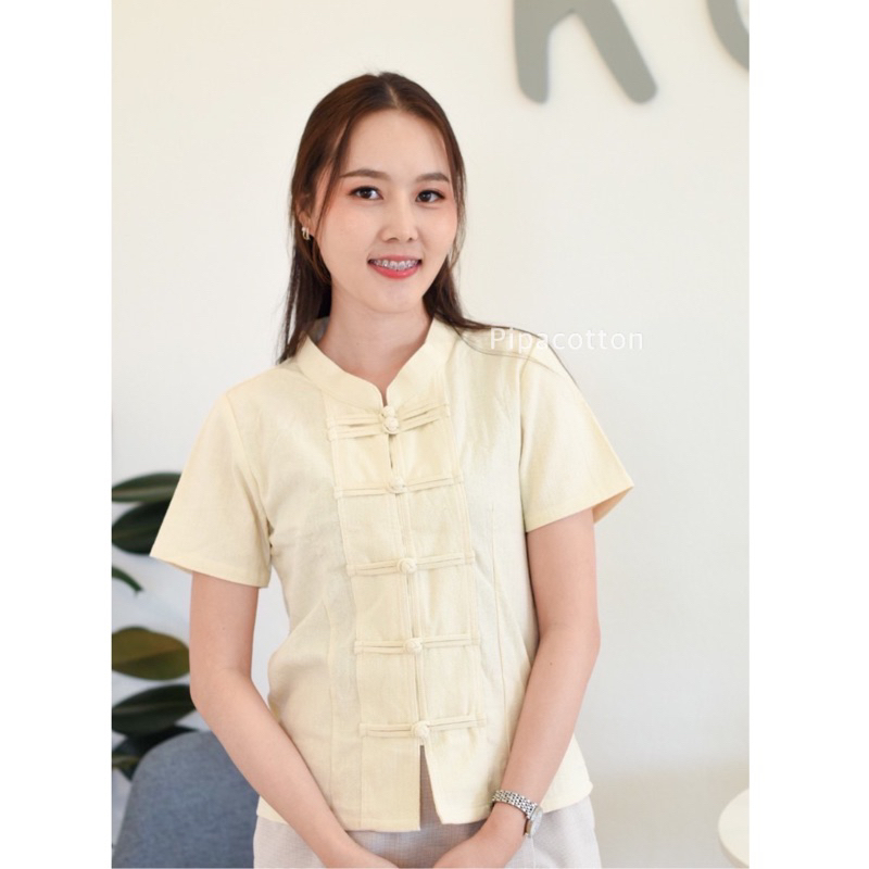 เสื้อผ้าฝ้าย ผู้หญิงทรงคอจีน กระดุมผ้าขอดคู่