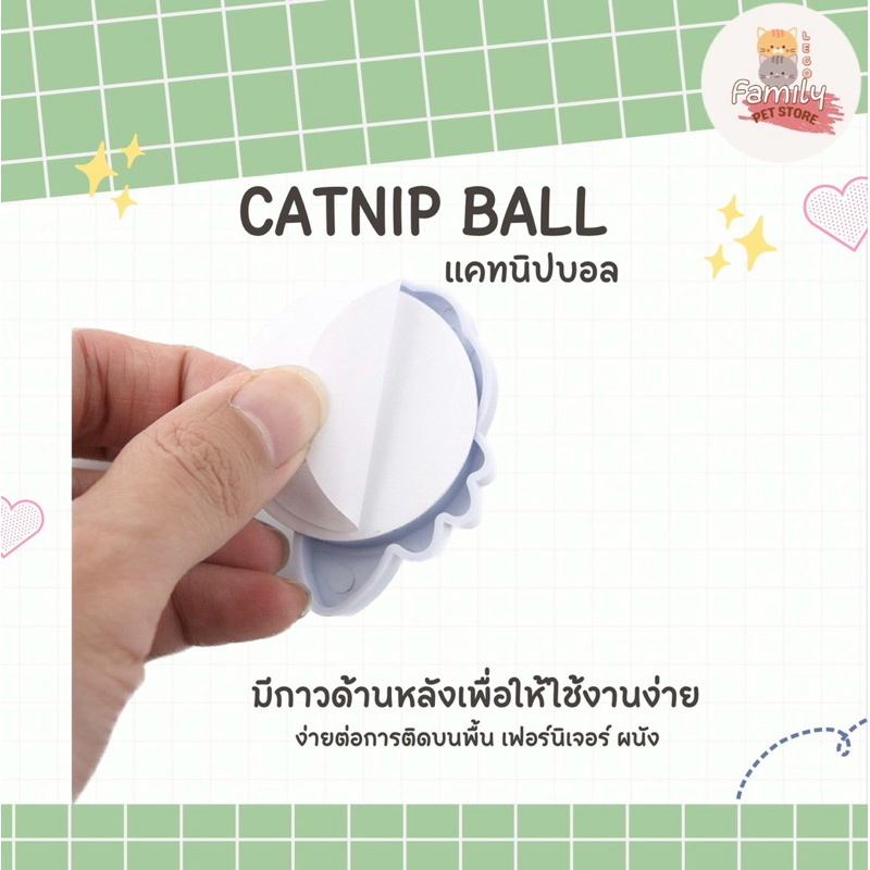 Catnip Ball แคปนิปบอล กัญชาแมว ขนาด 30 กรัม ราคา 24 บาท มีกาวด้านหลัง ไม่กลิ้ง ไม่หล่นหาย