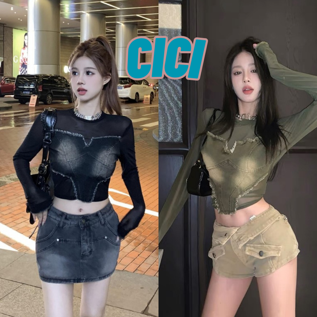 ส่งทันที Cici(NO. J826)เสื้อแขนยาวคอกลม ผ้าเลยอน ดีเทลแต่งยีนส์รุ่ยด้านหน้า ข้อมือ แฟชั่นหน้าหนาวสไตล์สาวเท่