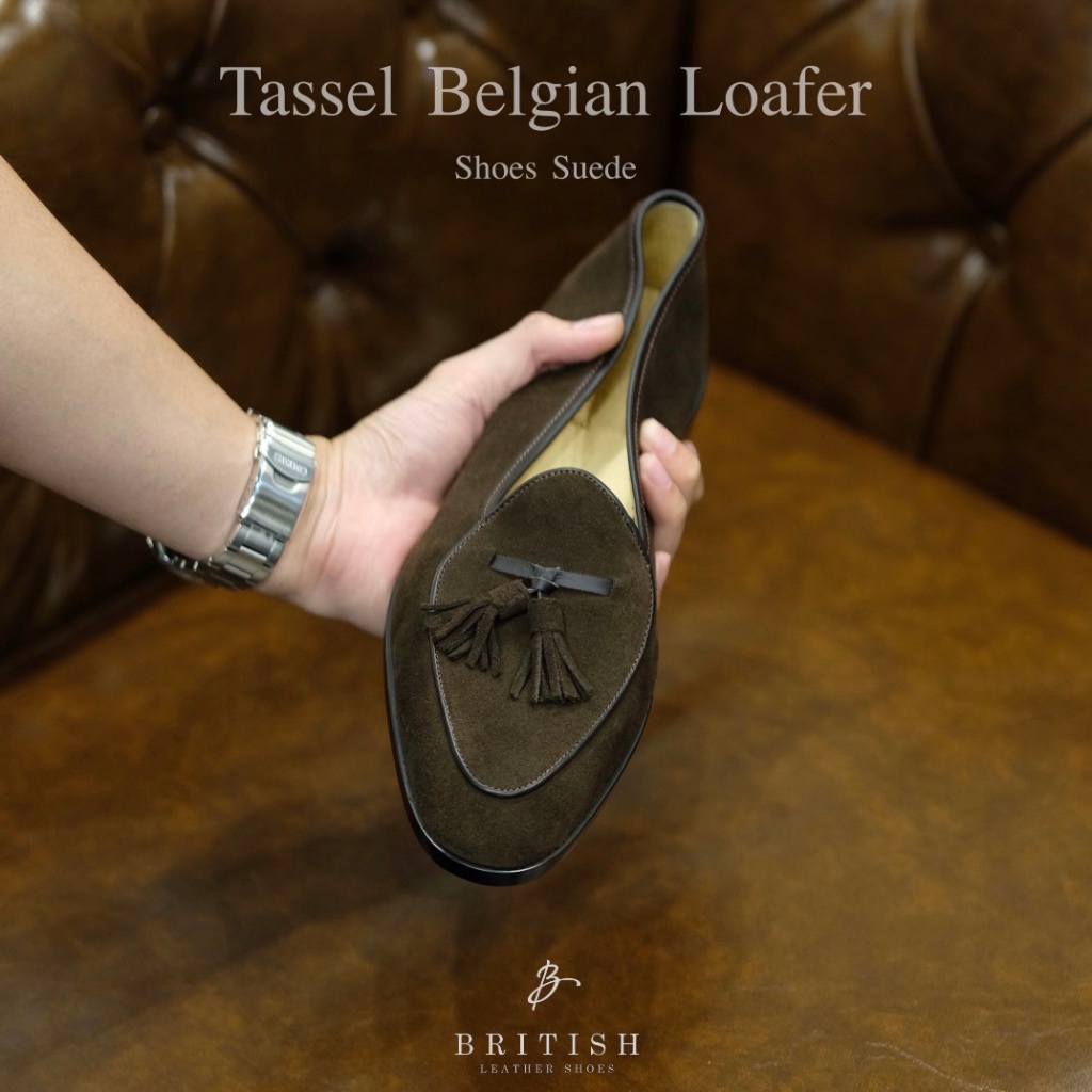 British รองเท้าหนัง Tassel Belgian Loafer Shoes Suede (Brown)