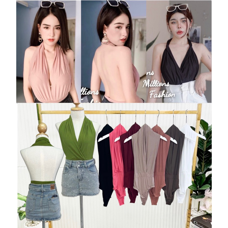 💰Pangpang💰 บอดี้สูท คล้องคอ เปิดหลัง เซ็กซี่ยั่วๆ ผ้าเรย่อน เป้าแป๊ก