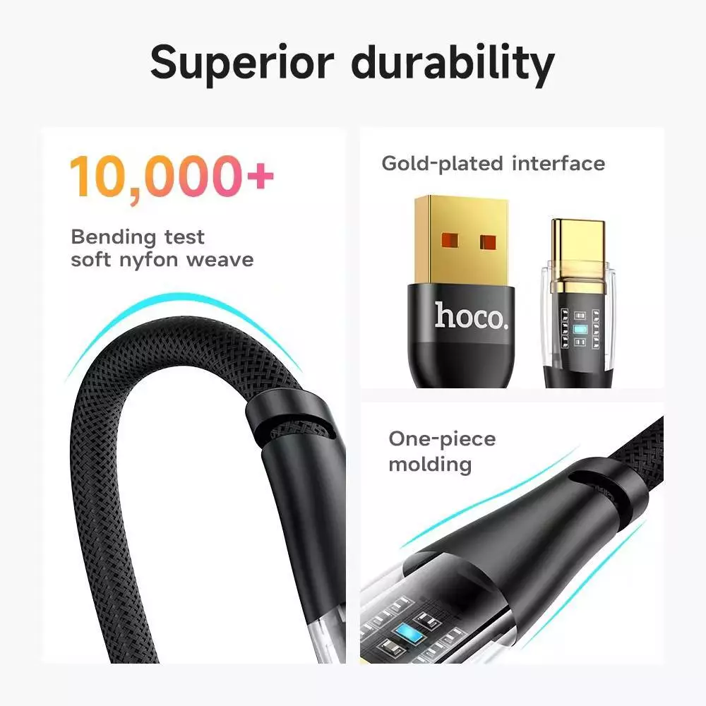 HOCO HK54 สายชาร์จโปร่งใส LED 3A ไนล่อนถัก iOS/Micro/Type-C 1ม. thumbnail 3