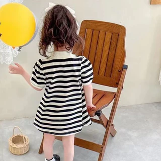 Babyonline(Y443)F3 (ส่งด่วน1วัน)ชุดเดรสผ้าโปโลแขนพองลายหมีกระดุมหน้า