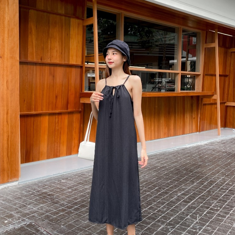 AHS. เดรสยาวสายเดี่ยว 7สี  มีซับใน ไม่ต้องรีด Pastel Bloom ปรับระดับสายได้