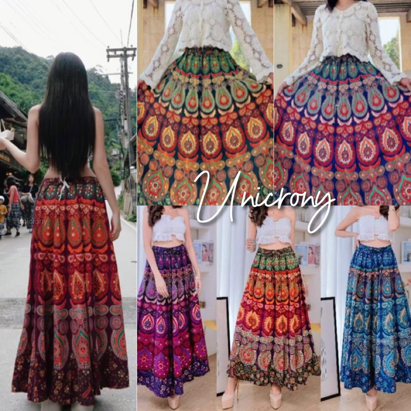 unicorny กระโปรงอินเดียยาวโบฮีเมียน ผ้าใส่สบาย ลายช้าง boho chic skirt