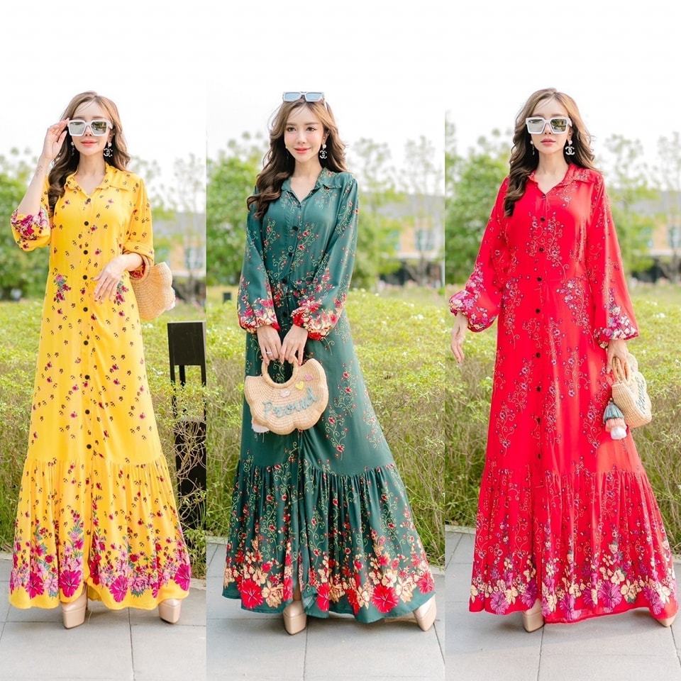 MAXI DRESS BOHEMIAN พร้อมส่ง ชุดเดรสทรงเชิ้ตตัวยาวผ้าสปันพิมพ์ลายดอกไม้ทั้งชุด สีสดสวยมาก ใส่เที่ยวทะเลคาเฟ่ถ่ายรูป