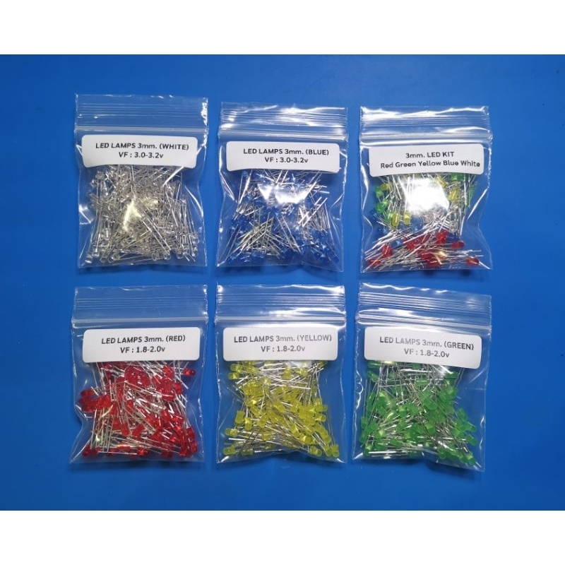 100pcs หลอดแอลอีดี LED 3 mm. ขาว ฟ้า แดง เขียว เหลือง รวมสี