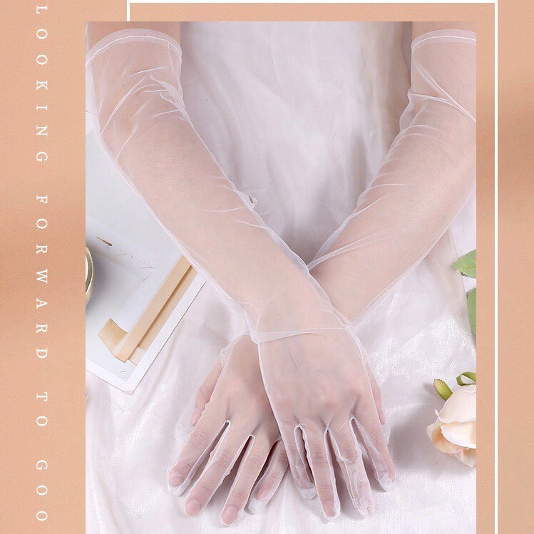 ใหม่🤍พร้อมส่ง✅ถุงมือเจ้าสาว  แบบผ้าซีทรูเรียบหรู ยาว55cm.👰🏻‍♀️