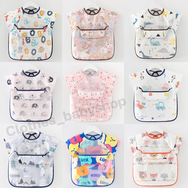 เสื้อกันเปื้อนเด็ก แขนสั้น กันเลอะอาหาร กันน้ำได้ ทำความสะอาดง่าย มีกระเป๋ารองเศษอาหาร หรือใช้ใส่เวลาน้องทำกิจกรรมศิลปะ