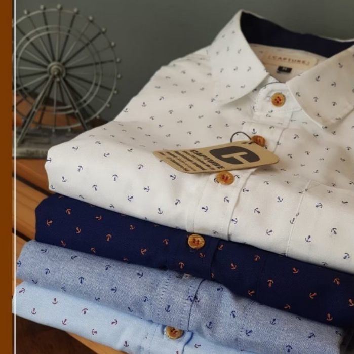 [S-4XL] เสื้อเชิ้ตผู้ชายคอปกแขนสั้น ลายสมอ ผ้าคอตตอนออกฟอร์ด Men shirt CAPTURE BRAND