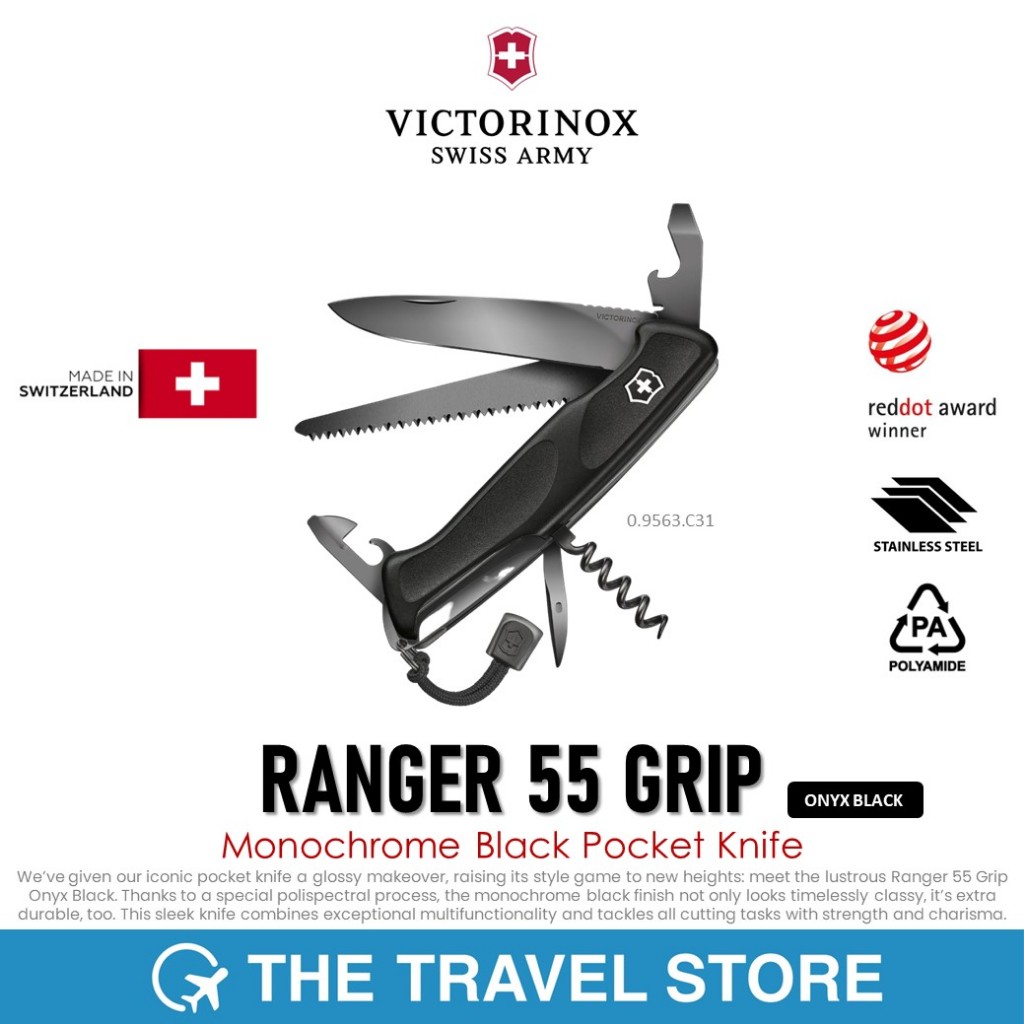 VICTORINOX Ranger 55 Grip Onyx Black | Monochrome Black Pocket Knife (0.9563.C31) มีดพับสวิสฯ สีดำ