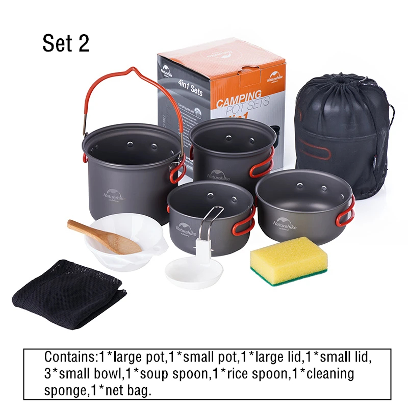 Naturehike Outdoor Camping 4 in 1 หม้อปิคนิค 2-4 คน Camping หม้อชุดเครื่องครัวกลางแจ้งแบบพกพาหม้อปิคนิคและ Pan set