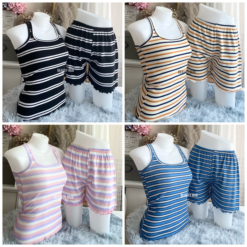 [059]ชุดนอนเซท ลายริ้ว เสื้อกล้าม+กางเกงขาสั้น Freesize ผ้านิ่ม ใส่สบาย เช็กซี่เบาๆ