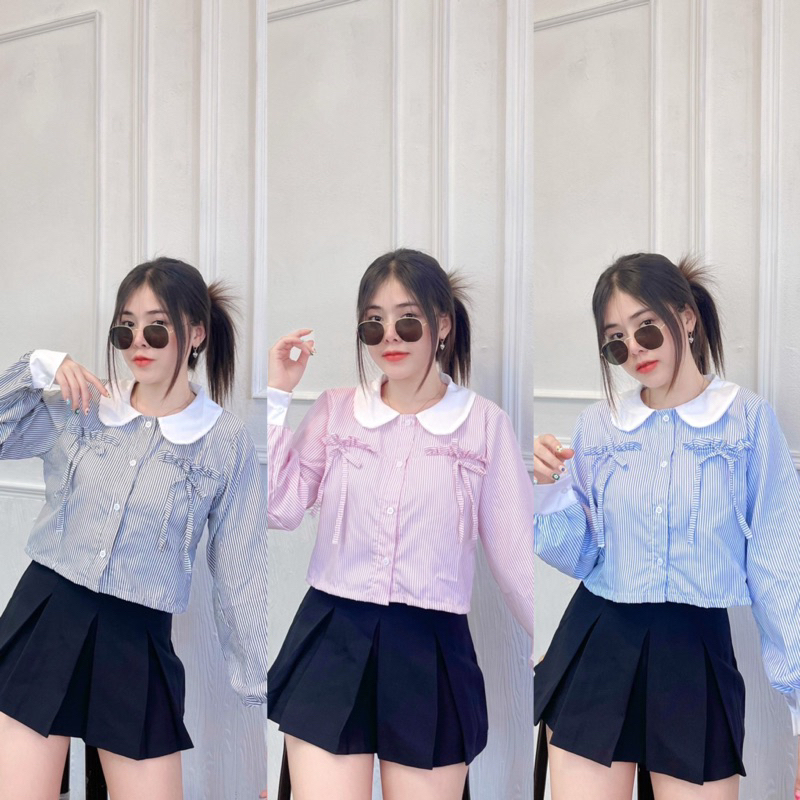 พร้อมส่ง เสื้อเชิตคอบัวลายริ้วแต่งขอบขาว ดีเทลผูกโบว์ งานเกาหลี