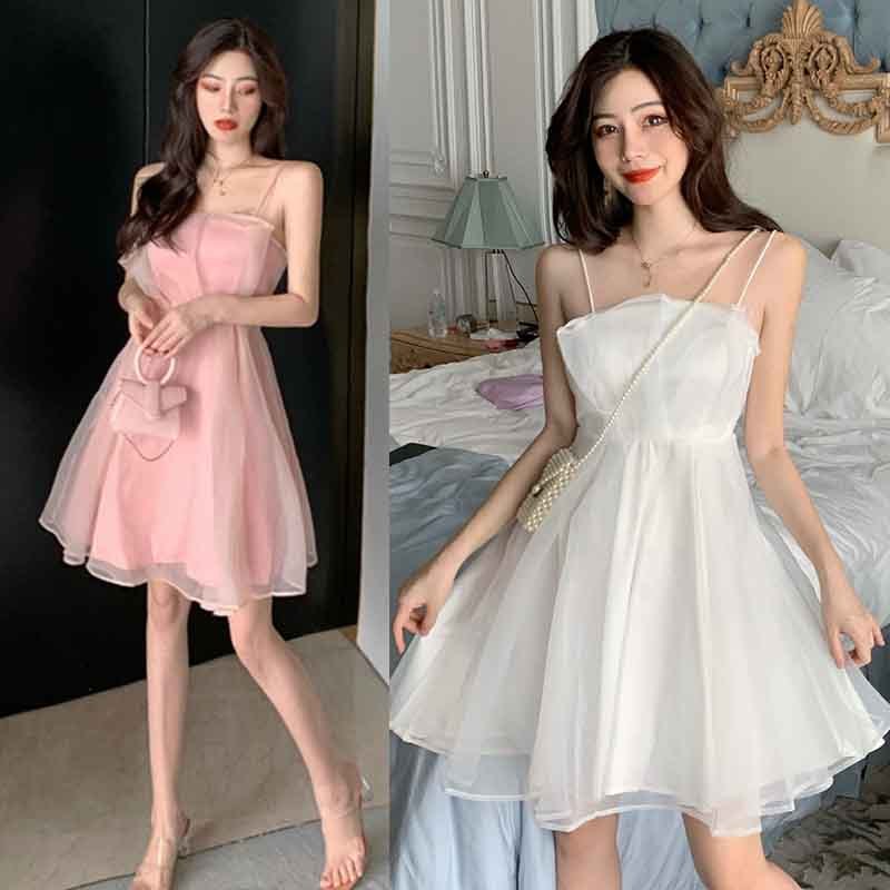 🌈พร้อมส่ง👗เดรสออกงาน สายเดี่ยว (สีขาว/สีชมพู) ตัวนอกเป็าผ้าแก้วเงาๆ ข้างในเป็นผ้าลื่นๆ น่ารักมาก เหมือนเจ้าหญิง👑