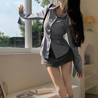 ส่งได้ทั่วไทย🍄เสื้อเชิ้ตแขนยาว+กระโปรงสั้น ชุดมีสองชิ้นราคาถูก ดีไซน์สุดชิค เซ็กซี่เบาๆ สวยสับปังมาก สำหรับผู้หญิง