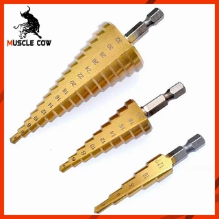 Muscle Cow ชุดดอกสว่าน 3 ชิ้น ทรงเจดีย์ ขั้นบันได StepDrill เจาะรู ขยายรู คว้านรู ดอกเล็ก-ใหญ่ วัสดุ High Speed Steel