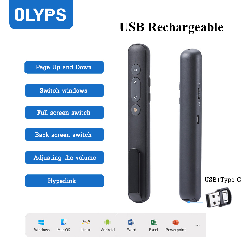 OLYPS Wireless Presenter PPT Pointer พร้อมเลเซอร์พอยน์เตอร์ Laser Pointer type-c เลเซอร์พอยเตอร์ รีโมท พรีเซนต์