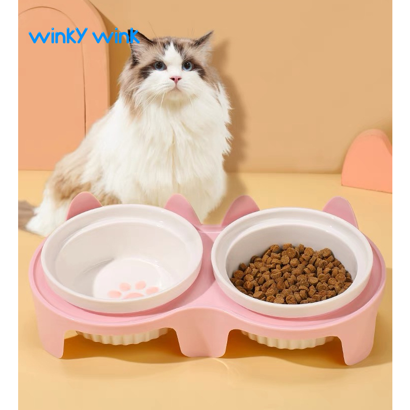 Winky Wink ชามเซรามิค กันลื่น ขนาดใหญ่ 300ml พร้อมชั้นวางพลาสติก สําหรับแมวในร่ม