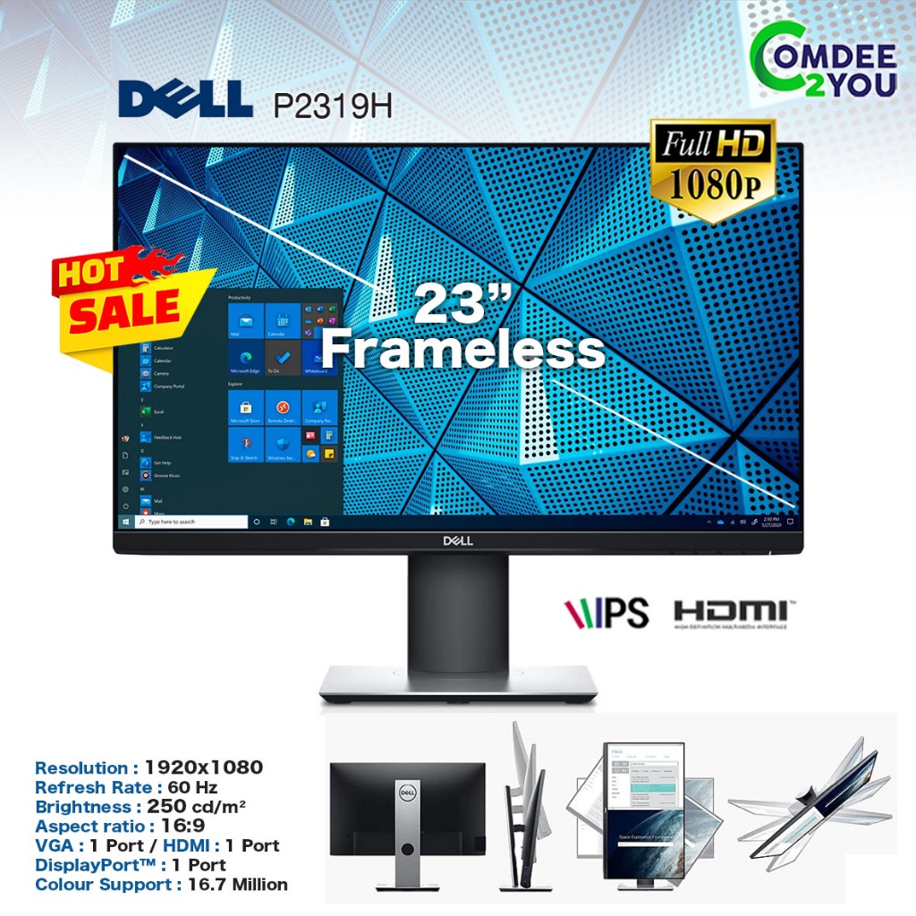 จอคอมพิวเตอร์ DELL รุ่น P2319H ขนาด 23” ไร้ขอบ  / Full HD / IPS / DisplayPort / VGA / USB สภาพดี By 