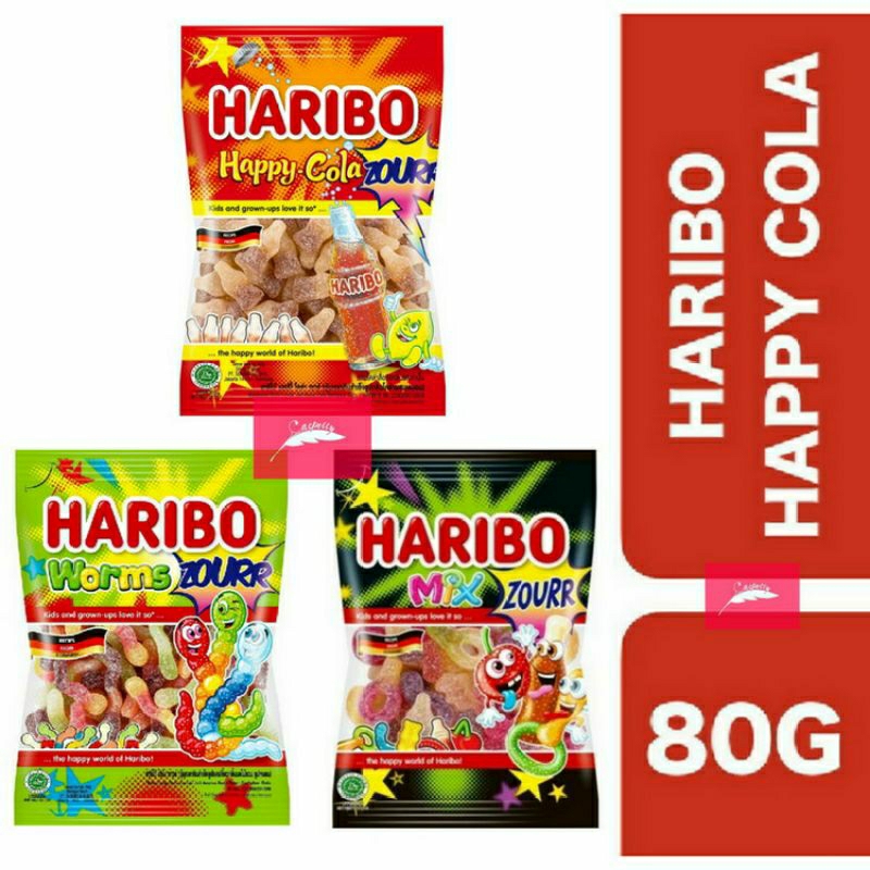 (ลดราคา) Haribo Zourr ฮาริโบ้ เจลลี่ รส Happy Cola, Worms และMix 80g. ขนมทานเล่นยามว่างนำเข้าจากเยอร