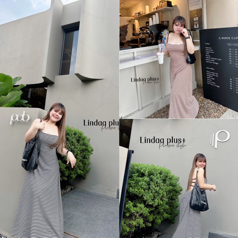 เดรสยาว ลายริ้ว ดีเทลโชว์หลัง เรียบๆเก๋ๆ เสื้อผ้าสาวอวบอ้วน พลัสไซส์ ไซส์ใหญ่