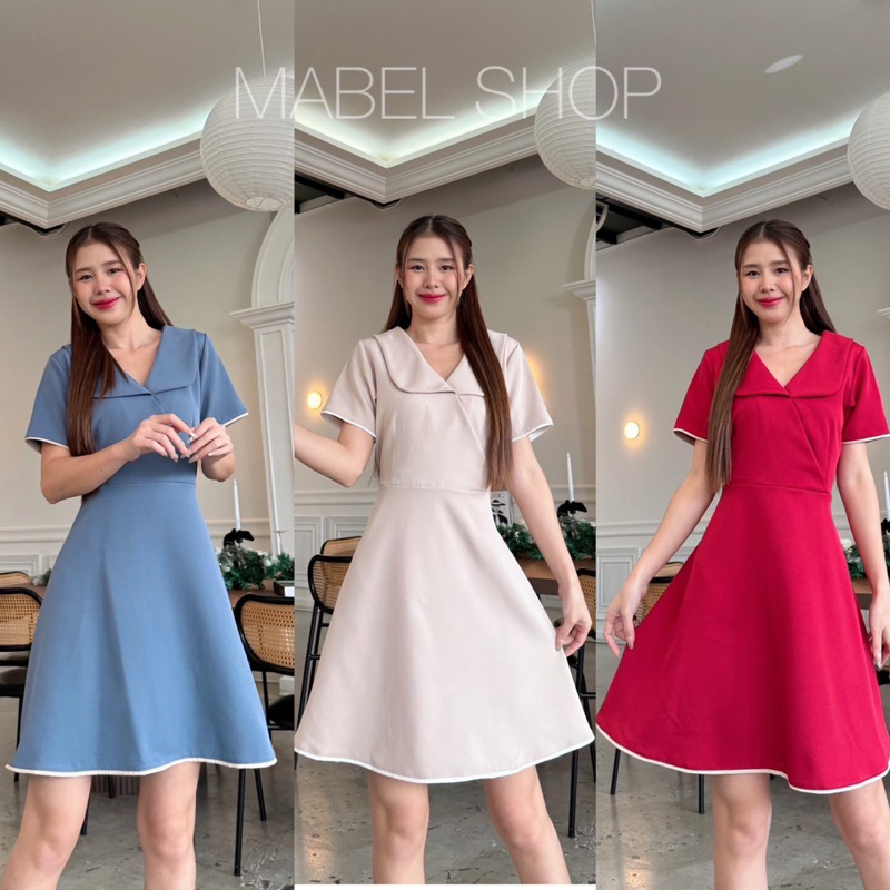 C89เดรสแขนสั้นคอปกกุ๊นรอบMabel