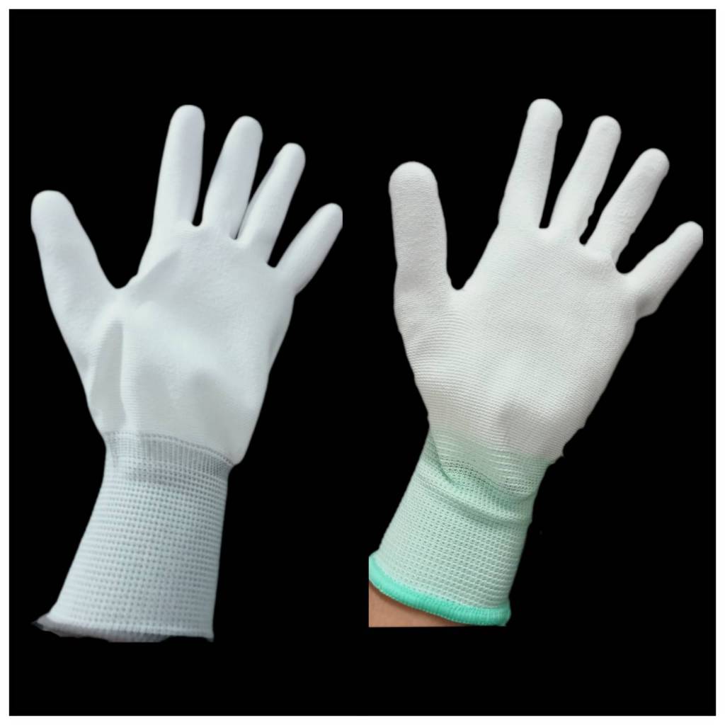 ถุงมือไนล่อนเคลือบ PU เต็มฝ่ามือ (สีขาว) Size :  S, M, L  (10 คู่/แพ็ค)