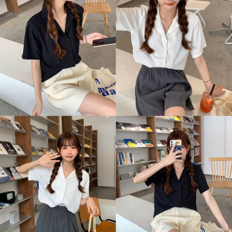 KT03 เสื้อเชิ้ตผู้หญิงฮาวายแขนสั้น สีขาว-สีดำ รอบอก32-42นิ้วใส่ได้ เนื้อผ้าไหมอิตาลี รีดง่าย ยับยาก ใส่เย็นสบาย